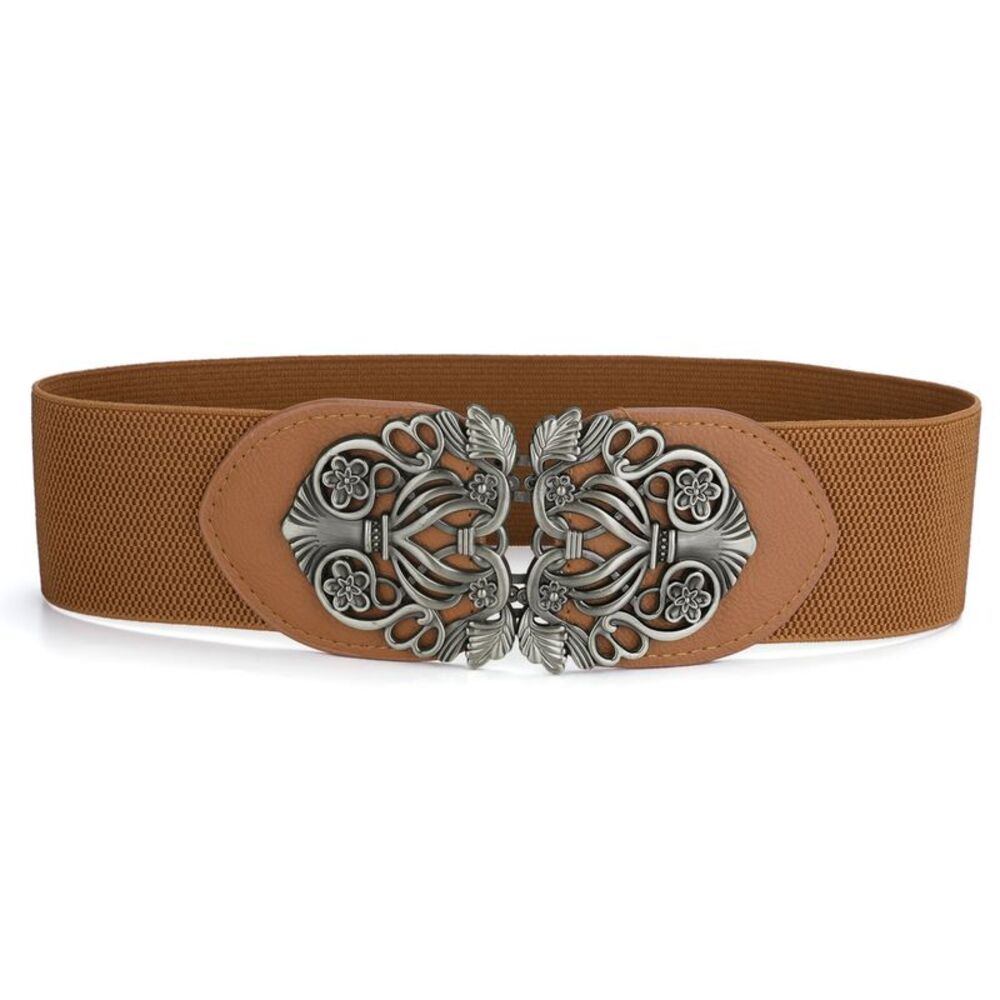 Wide Elastic Vintage Stretchy Retro Waist Belt with Buckle Brown 24-36" waist